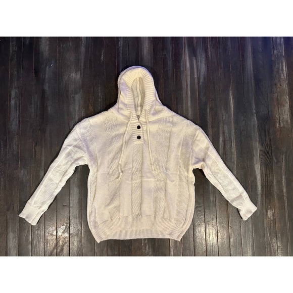 Womens Cream Chunky Knit Hoodie Oversized Henley Button Sweater Off White - Picture 3 of 4